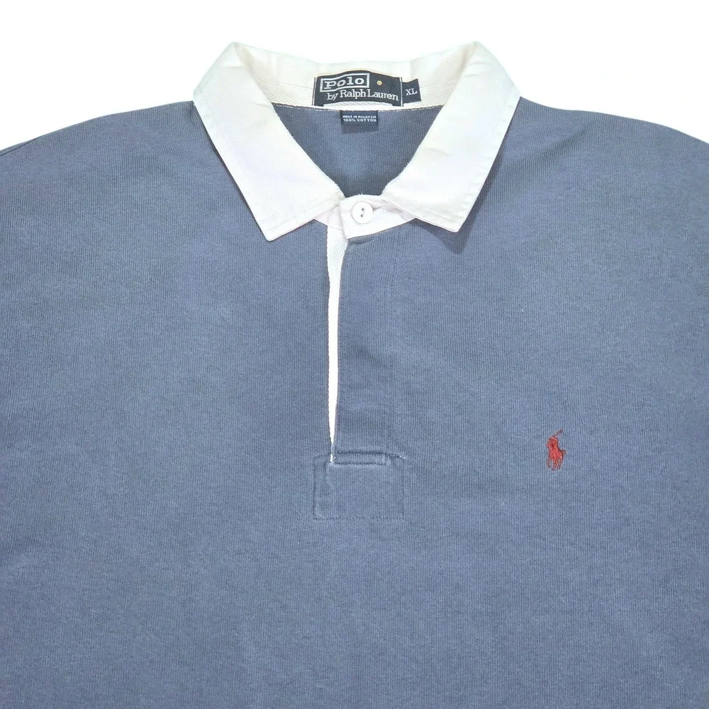 Vtg Polo Ralph Lauren Rugby Shirt Mens XL Blue‎ Short Sleeve Contrast Collar Y2K